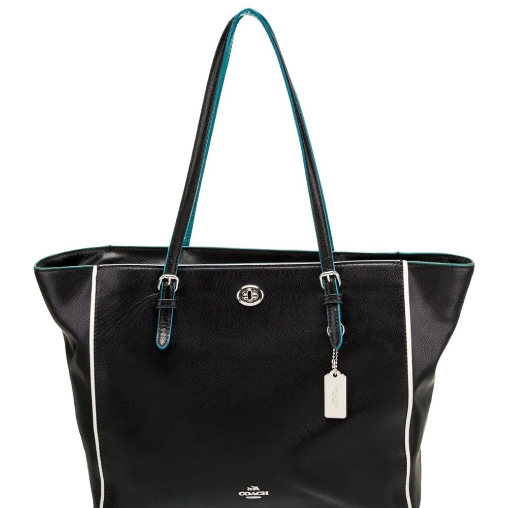Coach Black and Turquoise All Leather Tote - White Accents & Silver Hardware